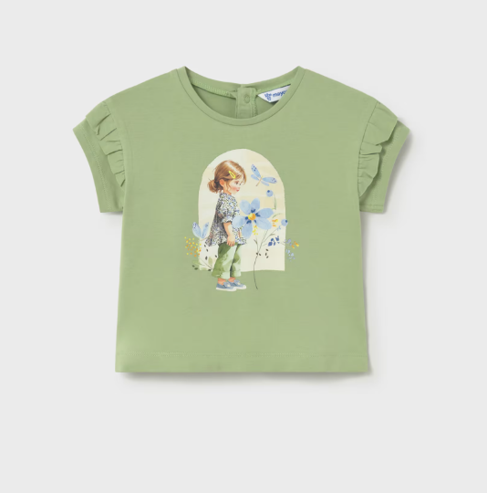 Mayoral Frill Sleeve Girl Print T-Shirt Style 1080 - Green